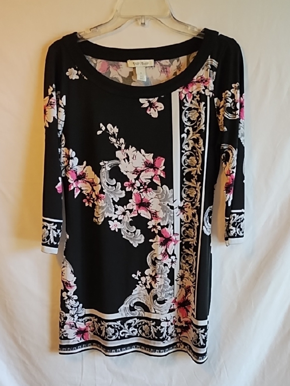 Black Floral Baroque Scoop Neck Tunic with Pink Accents